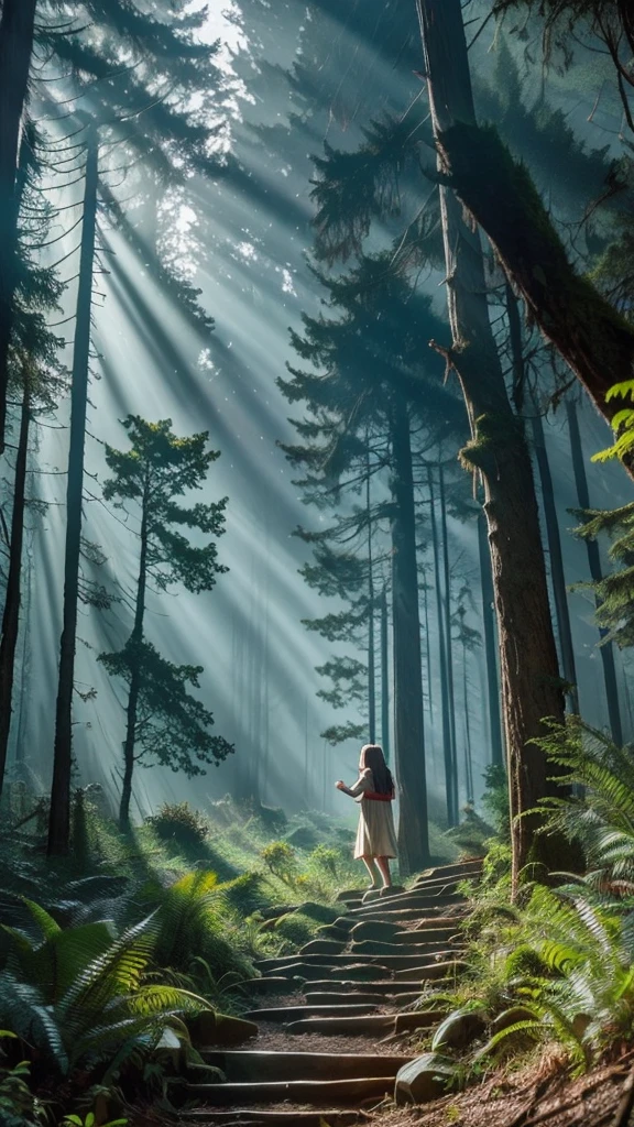 The girl continues walking deeper into the forest, her steps cautious but eager. Suddenly, a bright light appears ahead, and she spots a giant, glowing tree standing tall in a clearing. She stops, mesmerized