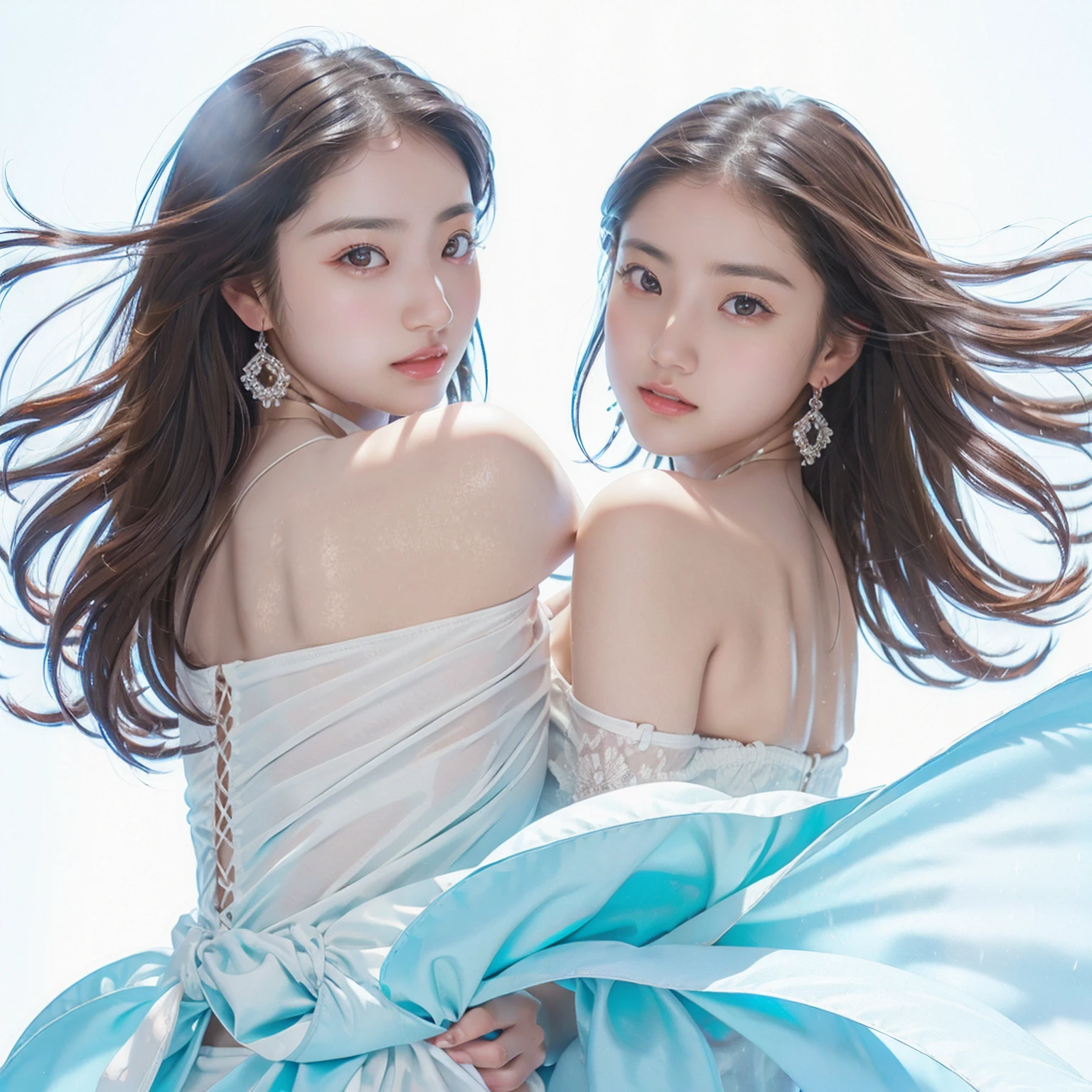 (((Bright white background 1.5)))、(((High Key Portrait 2.0)))Professional Lighting、(((Professional Lighting 1.5)))、Translucent skin texture、Beautiful Skin、Beautiful Skin、、(((Whitening 1.5)))、、、音符のEcstasy、(((Light Blue Dress 1.5)))、Profile 1.4、See through。Very good、Mid-shot photo、Simple Earrings、((Brown Hair))、((Medium Hair))、Loose wavy hair、Sex Appeal、Sex Appeal、Ecstasy、(((Mid-shot photo1.5))、(((Dynamic Pose 1.85)))