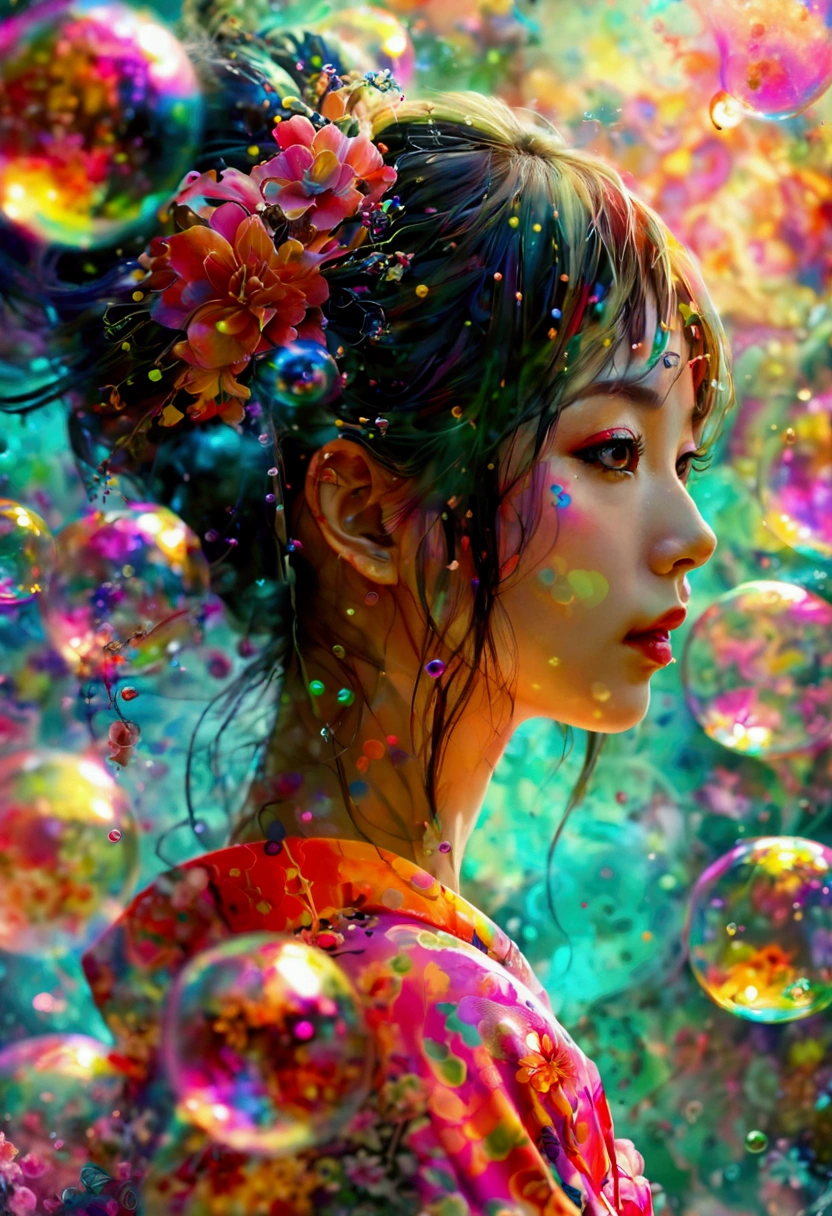 ((looking at the camera))A beautiful modern oiran with a gentle expression, surrounded by large, colorful soap bubbles and swirling smoke, creating a mystical atmosphere. She is facing forward with her gaze directly ahead. The image is created in a watercolor style with soft brushstrokes and transparent, overlapping colors. The delicate blending of hues gives a dreamlike effect, with the boundaries between the woman, the bubbles, the smoke, and the background blurred, adding to the ethereal feeling