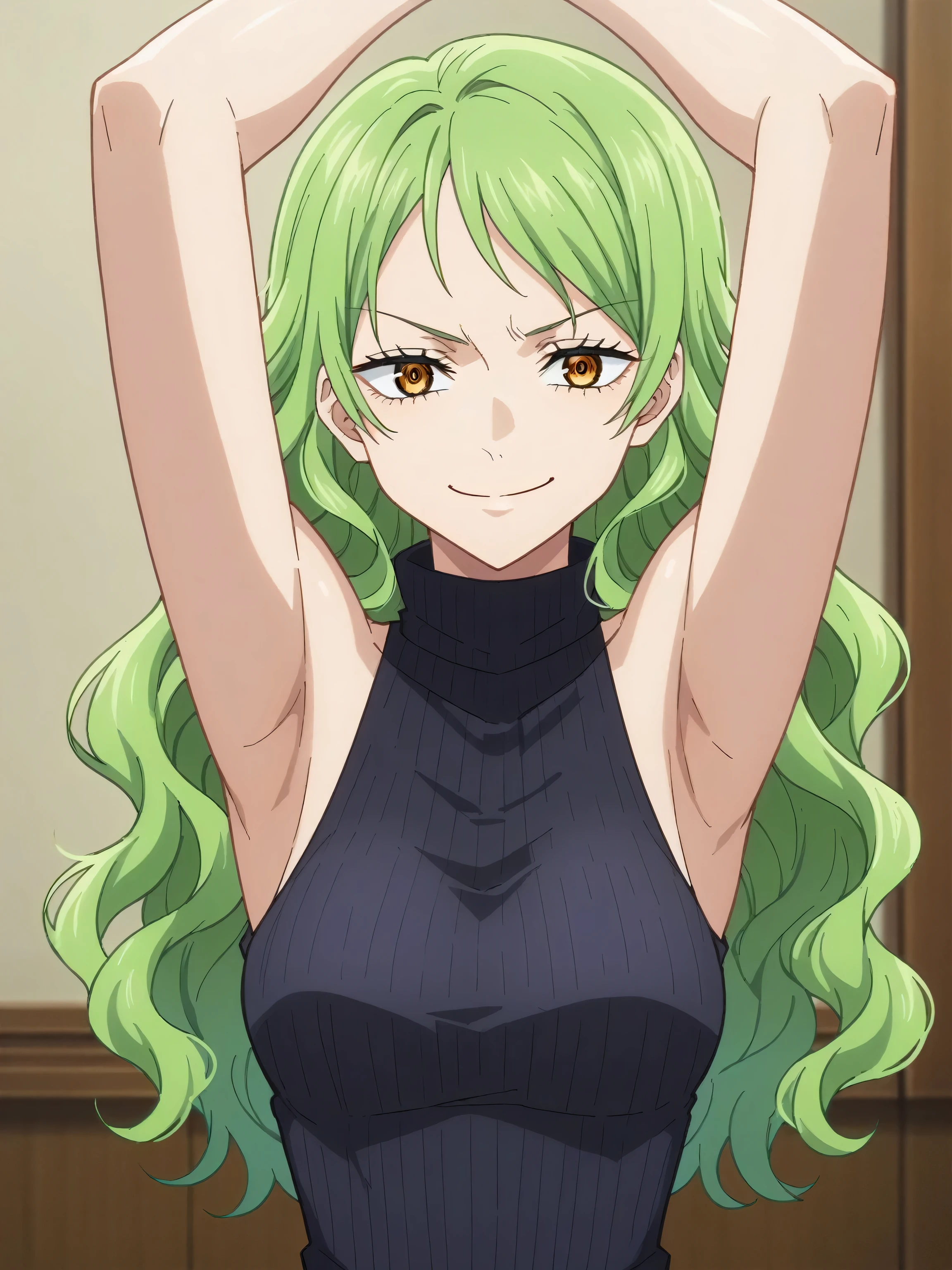 score_9, score_8_up, score_7_up, source_anime, anime screencap, 1girl, solo, indoors, Monet, green hair, wavy hair, amber eyes, sweater, ribbed sweater, ribbed, turtleneck, turtleneck sweater, (black sweater:1.1), sleeveless sweater, bare shoulders, bare arms, looking at viewer, eye contact with viewer, facing viewer, smile, smug, closed mouth, arms up, raised arms, armpits, jujutsu_kaisen_style, 