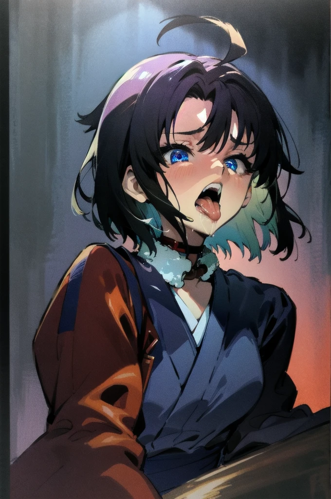 (masterpiece, best quality, ultra-detailed), 1 girl_solo, hmshiki, short hair, ahoge, red jacket, blue eyes, blue kimono, open clothes, fur trim, (ahegao), (rolling eyes), deepthroat, deepthroat face, blush, open mouth, tongue out, saliva, night club, Top-down Bottom-up, looking at viewer, 