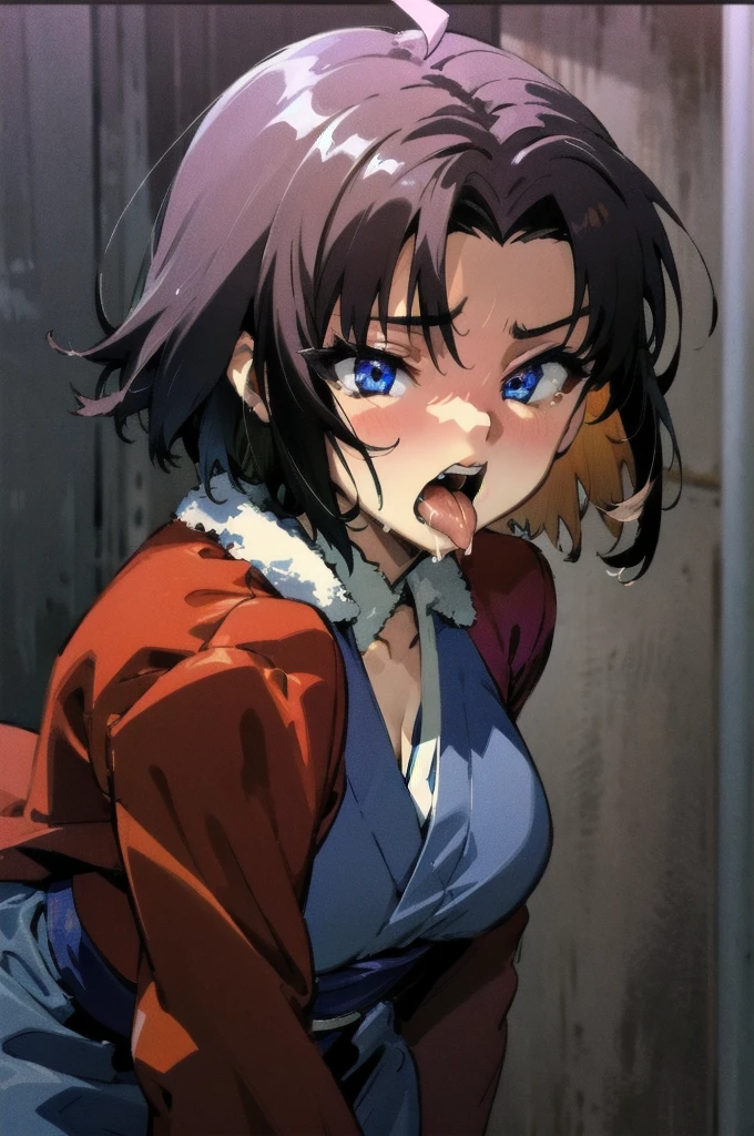 (masterpiece, best quality, ultra-detailed), 1 girl_solo, hmshiki, short hair, ahoge, red jacket, blue eyes, blue kimono, open clothes, fur trim, (ahegao), (rolling eyes), deepthroat, deepthroat face, blush, open mouth, tongue out, saliva, night club, Top-down Bottom-up, looking at viewer, 