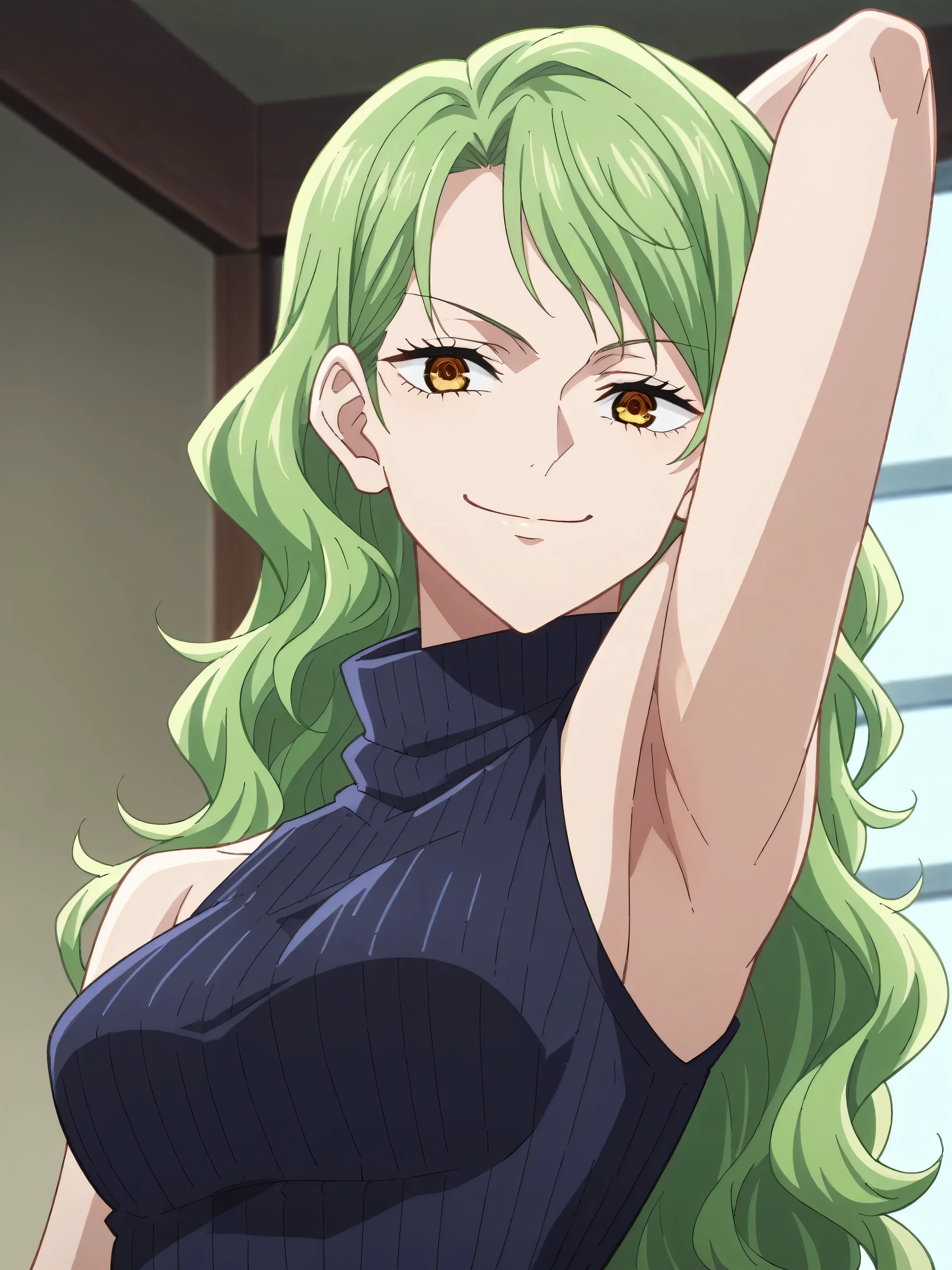 score_9, score_8_up, score_7_up, source_anime, anime screencap, 1girl, solo, indoors, Monet, green hair, wavy hair, amber eyes, sweater, ribbed sweater, ribbed, turtleneck, turtleneck sweater, (black sweater:1.1), sleeveless sweater, bare shoulders, bare arms, looking at viewer, eye contact with viewer, head towards viewer, smile, smug, closed mouth, arm behind head, armpit, jujutsu_kaisen_style, from side, from below, 