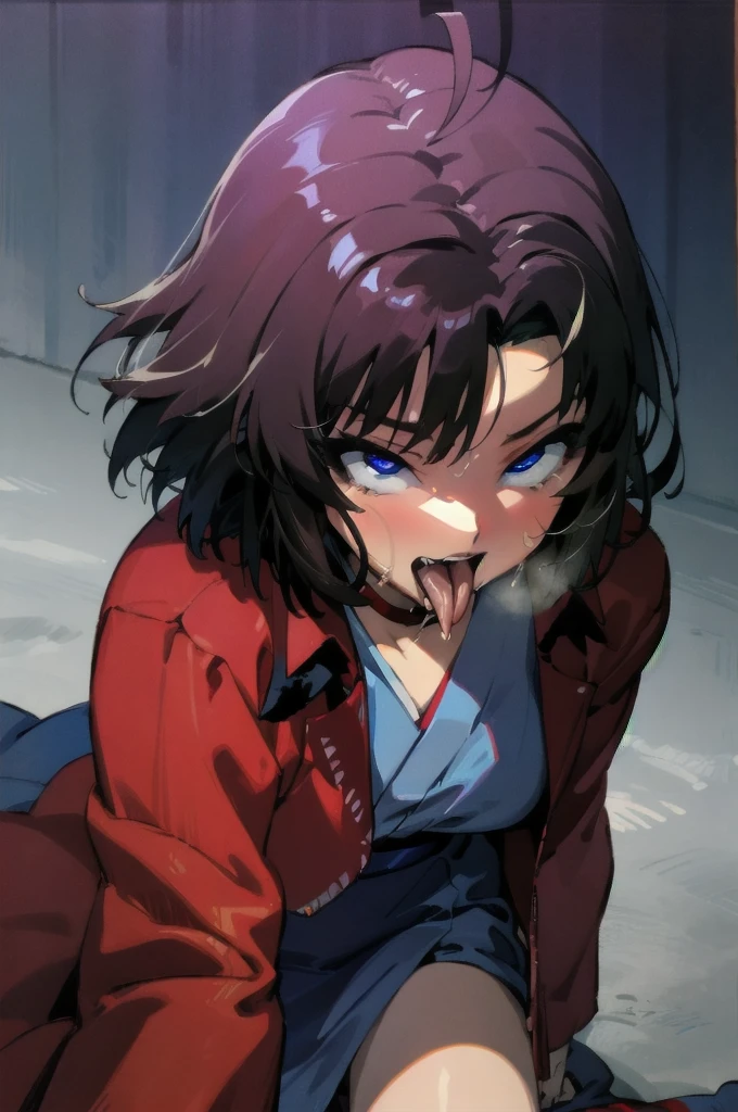 (masterpiece, best quality, ultra-detailed), 1 girl_solo, hmshiki, short hair, ahoge, red jacket, blue eyes, blue kimono, open clothes, fur trim, (ahegao), (rolling eyes), deepthroat, deepthroat face, blush, open mouth, tongue out, saliva, night club, Top-down Bottom-up, looking at viewer, 