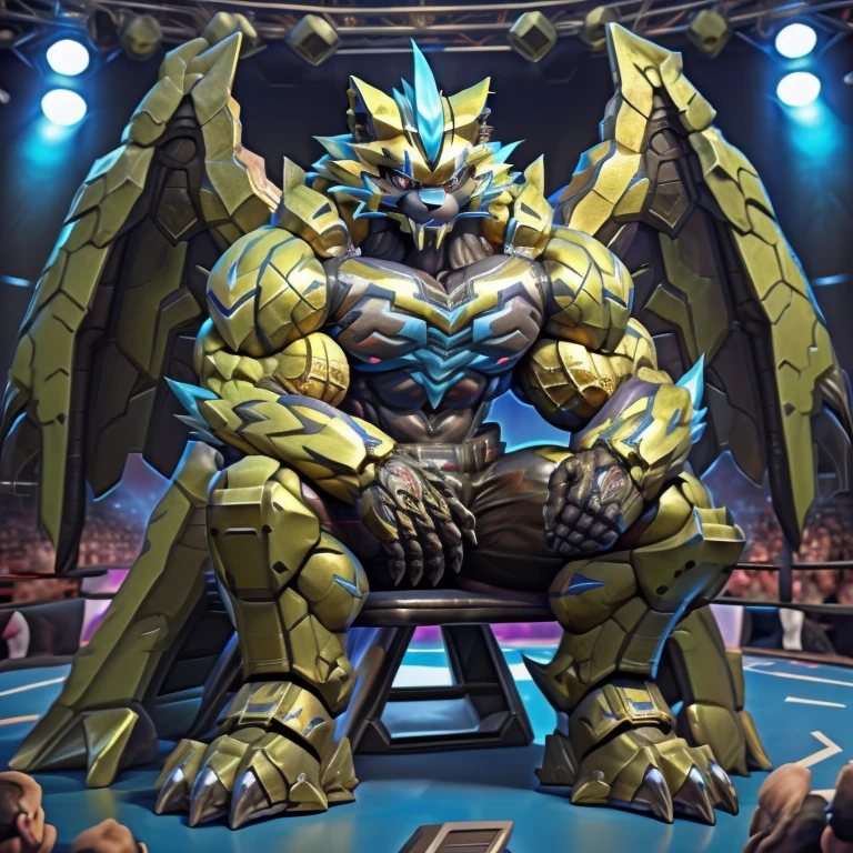 (zeraora, 8K), (zeraora's giant robot, Powered exoskeleton with the same design as zeraora), (Masterpiece, highres) (Detailed head, Detailed Body, Detailed abs, full body) (gigantic muscles, Gigachad Muscular, big muscle, pecs, triceps, traps, unusually developed muscular body, body full of huge muscles. showing off muscles, pectorales enormes, Exaggeratedly huge muscles.) (nj5furry, The claws are sharp, Sharp teeth, sharp claws), (long legs), (Spread wings, It has wings, have big wings, golden wings), (Wrestling, wrestler, the bodybuilding), (It has wings, whole body shines like metal, Wearing cyberpunk mecha, emphasizes the muscles, suit fully made of metal, intricate armor, Robotic suit, suit fully made of metal, cyborg), menacing pose, sitting on the throne, An arrogant expression. destroying city. BULK UP.