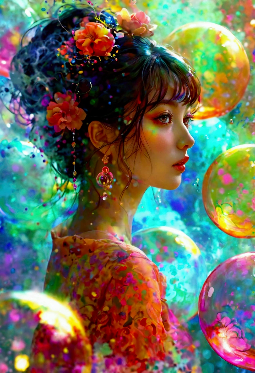 ((Looking at camera)) A beautiful modern-day courtesan with a calm expression, surrounded by large colorful soap bubbles and swirling smoke, creating a dreamlike atmosphere. A watercolor-style image that expresses soft brush strokes and transparent layers of color. The delicate blend of colors blurs the boundaries between the woman and the bubbles, the smoke and the background, creating a dreamlike atmosphere and creating a dreamlike atmosphere.