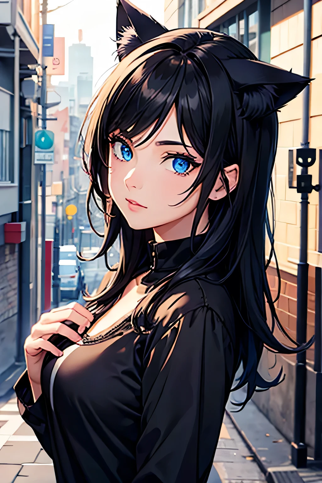 Female, black hair, blue eyes, cat ears