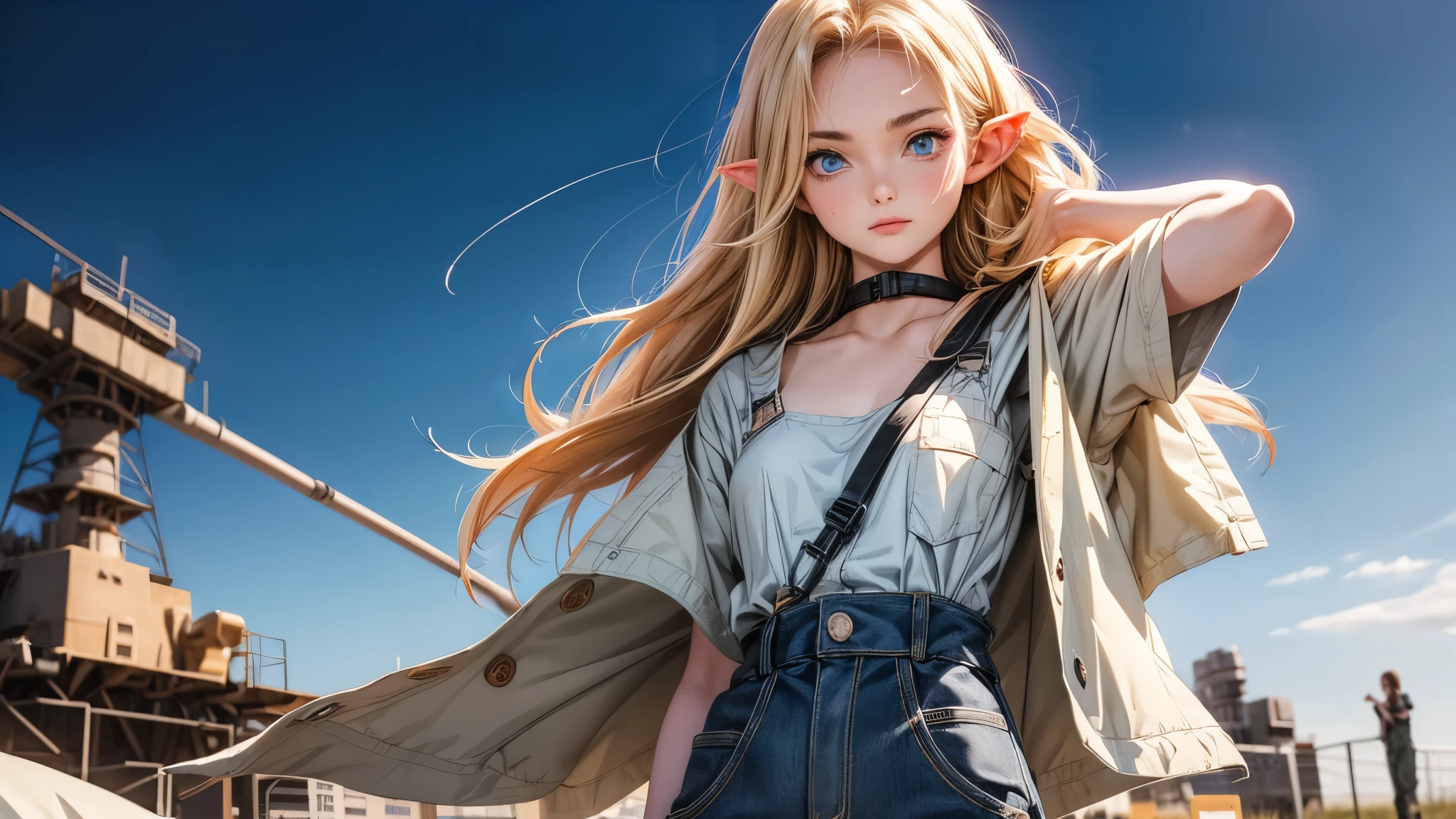 ((Masterpiece)), (Anime:1.5), ((best quality)), (RAW photo:1.2), (High Definition:1.3), (Professional Photography:1.2), (), (1girl), cute young girl, BREAK, (naughty face:1.3), (Beautiful daiamond eyes:1.5), (pale skin), elf girl, wearing Gray Workwear Coveralls, flat chest, slender waist, BREAK, (hair over eyes:1.2), Silky hair, medium hair, ((blond hair)), wearing Gray Workwear Coveralls, (at a military base among military equipment), ((full length image of a girl):1.5), ((low-cut neckline)), (open clothing in the chest area), ((Ukrainian flag on the background in the field)), Ukrainian flag on a flagpole, full length image of a girl, slender legs, Military drones in the sky