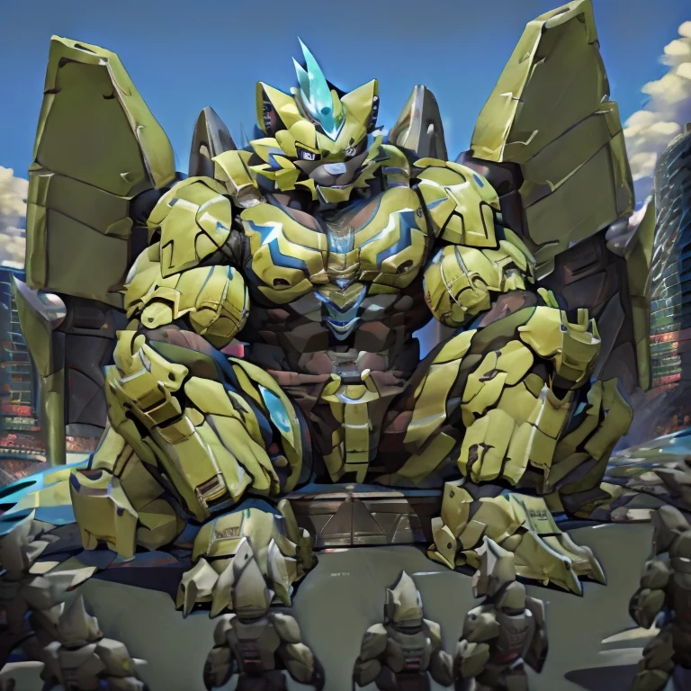 (zeraora, 8K), (zeraora's giant robot, Powered exoskeleton with the same design as zeraora), (Masterpiece, highres) (Detailed head, Detailed Body, Detailed abs, full body) (gigantic muscles, Gigachad Muscular, big muscle, pecs, triceps, traps, unusually developed muscular body, body full of huge muscles. showing off muscles, pectorales enormes, Exaggeratedly huge muscles.) (nj5furry, The claws are sharp, Sharp teeth, sharp claws), (long legs), (Spread wings, It has wings, have big wings, golden wings), (Wrestling, wrestler, the bodybuilding), (It has wings, whole body shines like metal, Wearing cyberpunk mecha, emphasizes the muscles, suit fully made of metal, intricate armor, Robotic suit, suit fully made of metal, cyborg), menacing pose, sitting on the throne, An arrogant expression. destroying city. BULK UP.