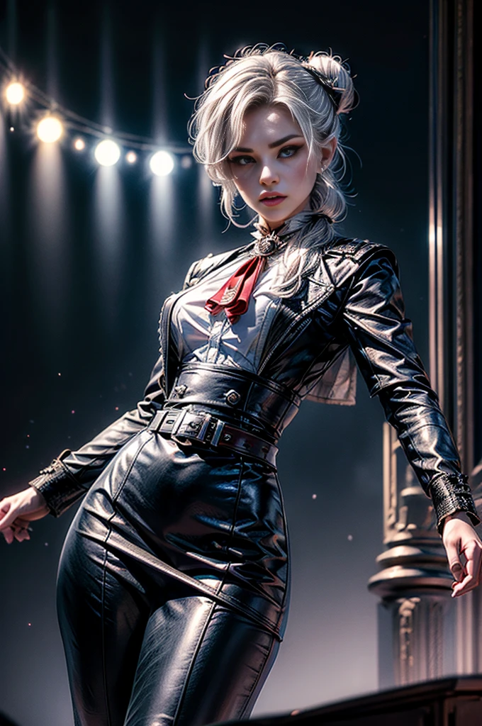 masterpiece,best quality, masterpiece, high detail,detailed face,detailed eyes,rendered eyes,perfect eyes,hip lines,crisp image,detailed,amazing,8k,8k wallpaper,8k background,high detailed skin,high res, (((cowboy shot))), solo, 1girl,looking at viewer,WillowSchnee, white hair tied up in a bun, low on the right side of the back of her head, while her bangs are shaped around the left side of her face and a small, curled lock of hair reaching almost to her shoulders. her attire consists of a black dress, white cravat secured by a silver brooch set with a red stone,  a wide belt around her waist,  black tights and red shoes. serious expression, standing in palace garden, hedge maze, crowd, (crowd in military dress), (volumetric lighting), sharp focus, hyper detailed 