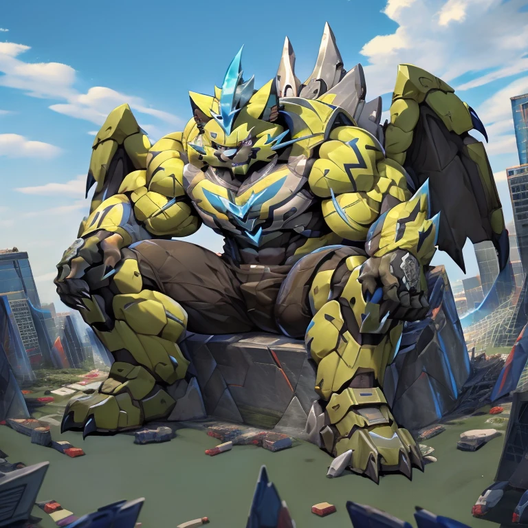 (zeraora, 8K), (zeraora's giant robot, Powered exoskeleton with the same design as zeraora), (Masterpiece, highres) (Detailed head, Detailed Body, Detailed abs, full body) (gigantic muscles, Gigachad Muscular, big muscle, pecs, triceps, traps, unusually developed muscular body, body full of huge muscles. showing off muscles, pectorales enormes, Exaggeratedly huge muscles.) (nj5furry, The claws are sharp, Sharp teeth, sharp claws), (long legs), (Spread wings, It has wings, have big wings, golden wings), (Wrestling, wrestler, the bodybuilding), (It has wings, whole body shines like metal, Wearing cyberpunk mecha, emphasizes the muscles, suit fully made of metal, intricate armor, Robotic suit, suit fully made of metal, cyborg), menacing pose, sitting on the throne, An arrogant expression. destroying city. BULK UP.