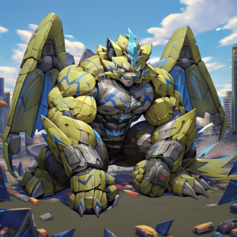 (zeraora, 8K), (zeraora's giant robot, Powered exoskeleton with the same design as zeraora), (Masterpiece, highres) (Detailed head, Detailed Body, Detailed abs, full body) (gigantic muscles, Gigachad Muscular, big muscle, pecs, triceps, traps, unusually developed muscular body, body full of huge muscles. showing off muscles, pectorales enormes, Exaggeratedly huge muscles.) (nj5furry, The claws are sharp, Sharp teeth, sharp claws), (long legs), (Spread wings, It has wings, have big wings, golden wings), (Wrestling, wrestler, the bodybuilding), (It has wings, whole body shines like metal, Wearing cyberpunk mecha, emphasizes the muscles, suit fully made of metal, intricate armor, Robotic suit, suit fully made of metal, cyborg), menacing pose, sitting on the throne, An arrogant expression. destroying city. BULK UP.