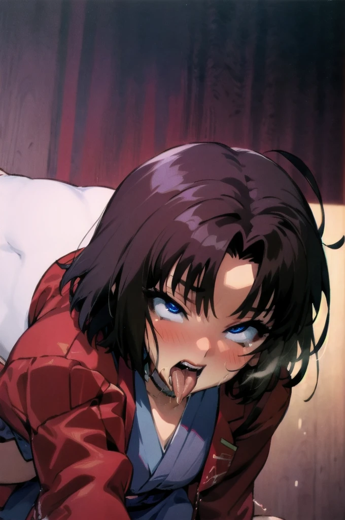 (masterpiece, best quality, ultra-detailed), 1 girl_solo, hmshiki, short hair, ahoge, red jacket, blue eyes, blue kimono, open clothes, fur trim, (ahegao), (rolling eyes), deepthroat, deepthroat face, blush, open mouth, tongue out, saliva, night club, Top-down Bottom-up, looking at viewer, 