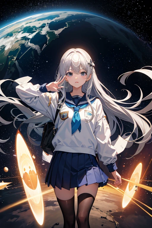 Barbara Cooney, Hiroshi Masumura, Surreal, mysterious, strange, fantastical, fantasy, Sci-fi, Japanese anime, galaxy celestial globe model, permanently operating screw type, miniskirt beautiful high school girl carrying the moon, perfect voluminous body, detailed masterpiece perspectives angles