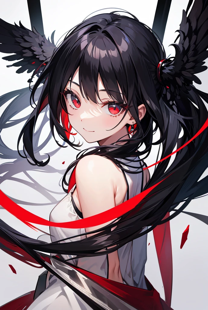 (Best Quality,4K,High resolution), 18yo woman, Red mesh hair on black hair, Shiny long straight hair, Innocence,sharp eye、red eyes、small nose、eye liner、 Luxury Black Silk Babydoll、Lonely face、Shoku、profile、slenderbody、Comical appearance,comic strip,animesque,Deformed cute illustration、Delicately expresses realistic skin texture、Muscle texture reproduction、Knife Art