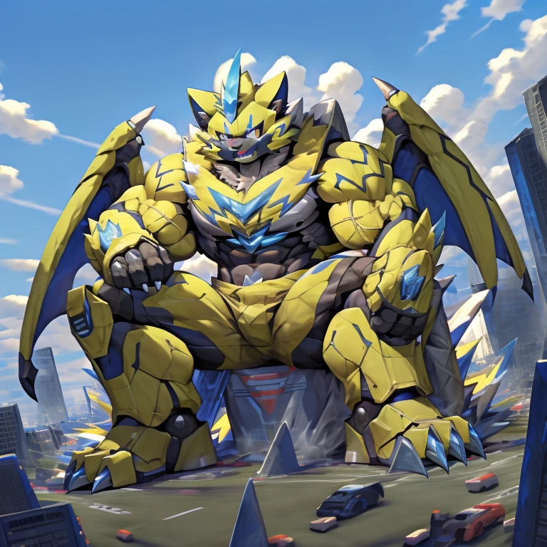 (zeraora, 8K), (zeraora's giant robot, Powered exoskeleton with the same design as zeraora), (Masterpiece, highres) (Detailed head, Detailed Body, Detailed abs, full body) (gigantic muscles, Gigachad Muscular, big muscle, pecs, triceps, traps, unusually developed muscular body, body full of huge muscles. showing off muscles, pectorales enormes, Exaggeratedly huge muscles.) (nj5furry, The claws are sharp, Sharp teeth, sharp claws), (long legs), (Spread wings, It has wings, have big wings, golden wings), (Wrestling, wrestler, the bodybuilding), (It has wings, whole body shines like metal, Wearing cyberpunk mecha, emphasizes the muscles, suit fully made of metal, intricate armor, Robotic suit, suit fully made of metal, cyborg), menacing pose, sitting on the throne, An arrogant expression. destroying city. BULK UP.