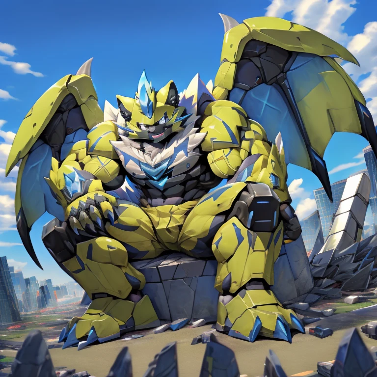 (zeraora, 8K), (zeraora's giant robot, Powered exoskeleton with the same design as zeraora), (Masterpiece, highres) (Detailed head, Detailed Body, Detailed abs, full body) (gigantic muscles, Gigachad Muscular, big muscle, pecs, triceps, traps, unusually developed muscular body, body full of huge muscles. showing off muscles, pectorales enormes, Exaggeratedly huge muscles.) (nj5furry, The claws are sharp, Sharp teeth, sharp claws), (long legs), (Spread wings, It has wings, have big wings, golden wings), (Wrestling, wrestler, the bodybuilding), (It has wings, whole body shines like metal, Wearing cyberpunk mecha, emphasizes the muscles, suit fully made of metal, intricate armor, Robotic suit, suit fully made of metal, cyborg), menacing pose, sitting on the throne, An arrogant expression. destroying city. BULK UP.