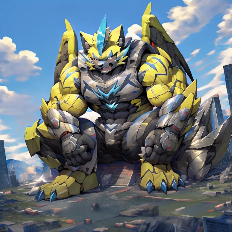 (zeraora, 8K), (zeraora's giant robot, Powered exoskeleton with the same design as zeraora), (Masterpiece, highres) (Detailed head, Detailed Body, Detailed abs, full body) (gigantic muscles, Gigachad Muscular, big muscle, pecs, triceps, traps, unusually developed muscular body, body full of huge muscles. showing off muscles, pectorales enormes, Exaggeratedly huge muscles.) (nj5furry, The claws are sharp, Sharp teeth, sharp claws), (long legs), (Spread wings, It has wings, have big wings, golden wings), (Wrestling, wrestler, the bodybuilding), (It has wings, whole body shines like metal, Wearing cyberpunk mecha, emphasizes the muscles, suit fully made of metal, intricate armor, Robotic suit, suit fully made of metal, cyborg), menacing pose, sitting on the throne, An arrogant expression. destroying city. BULK UP.