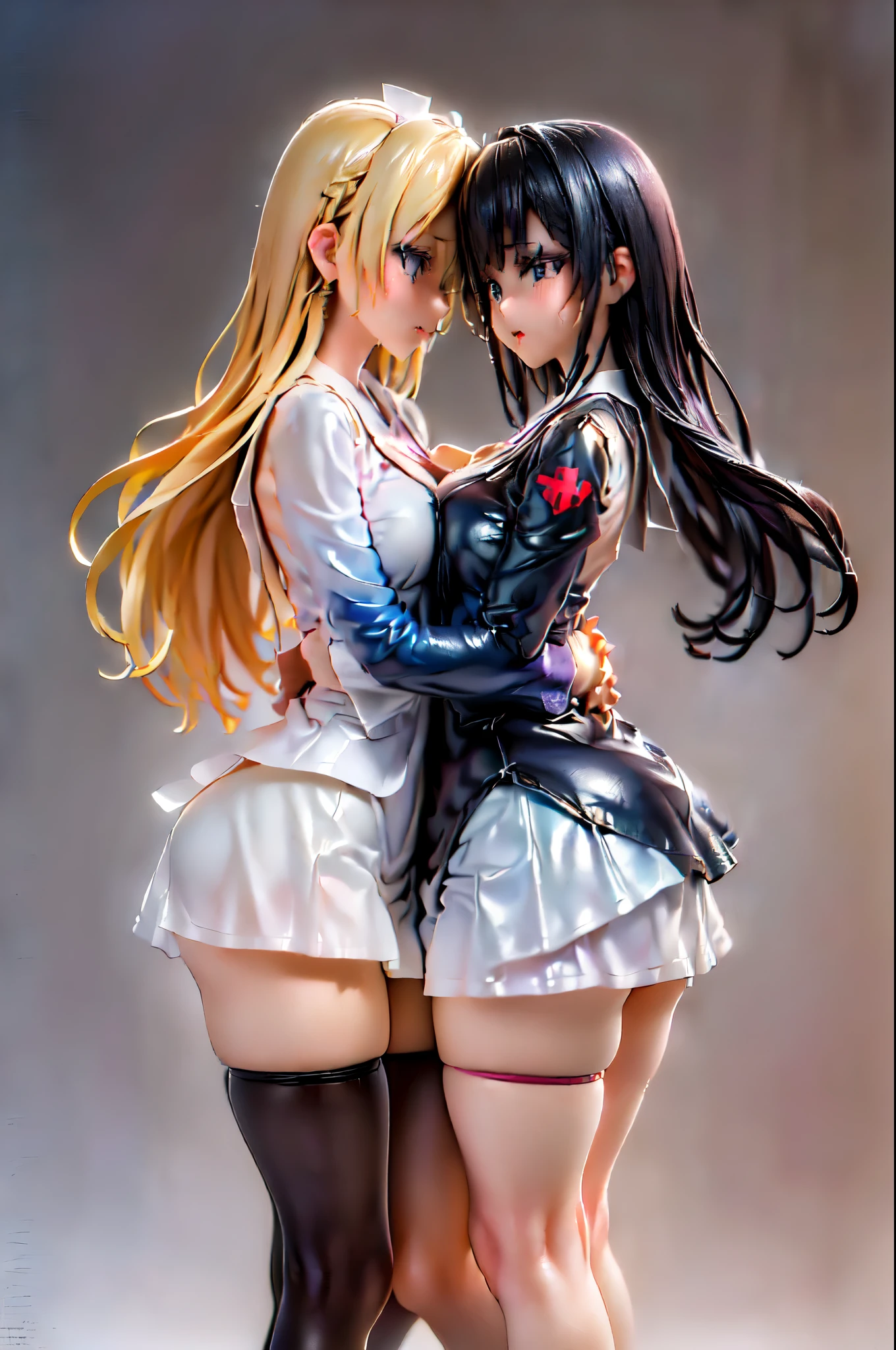 (Two girls hugging each other and holding hands:1.8), (Sitting on the bed:1.5), (Nurse uniform:1.5)、(Big Breasts、Butt:1.5), (shed a lot of tears、Crying in fear:1.5), (Simple Background:1.8), (Highest quality, masterpiece: 1.5), (2.5D)、(((Skin glowing with oil:1.3)))、(Body covered in milk:1.5)、 (dynamic angle:1.8), (Raise the hand, Leg spread:1.3), ((((Wet)))), (((Spread your legs:1.2))),