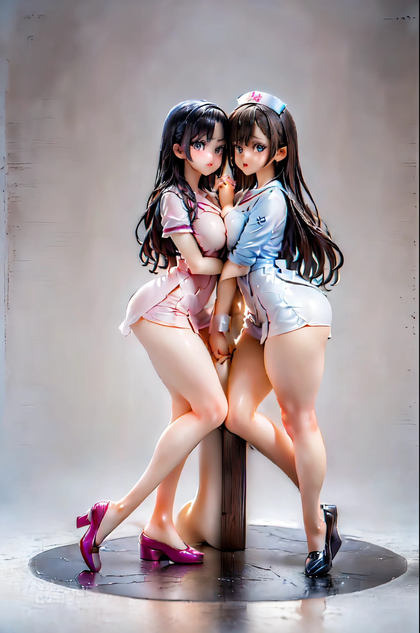 (Two girls hugging each other and holding hands:1.8), (Sitting on the bed:1.5), (Nurse uniform:1.5)、(Big Breasts、Butt:1.5), (shed a lot of tears、Crying in fear:1.5), (Simple Background:1.8), (Highest quality, masterpiece: 1.5), (2.5D)、(((Skin glowing with oil:1.3)))、(Body covered in milk:1.5)、 (dynamic angle:1.8), (Raise the hand, Leg spread:1.3), ((((Wet)))), (((Spread your legs:1.2))),