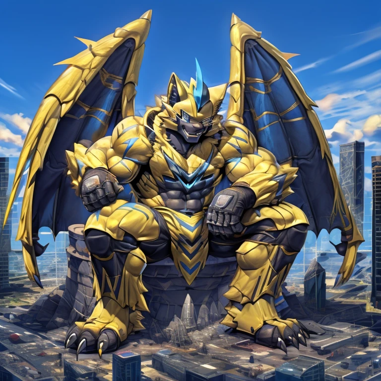 (zeraora, 8K), (zeraora's giant robot, Powered exoskeleton with the same design as zeraora), (Masterpiece, highres) (Detailed head, Detailed Body, Detailed abs, full body) (gigantic muscles, Gigachad Muscular, big muscle, pecs, triceps, traps, unusually developed muscular body, body full of huge muscles. showing off muscles, pectorales enormes, Exaggeratedly huge muscles.) (nj5furry, The claws are sharp, Sharp teeth, sharp claws), (long legs), (Spread wings, It has wings, have big wings, golden wings), (Wrestling, wrestler, the bodybuilding), (It has wings, whole body shines like metal, Wearing cyberpunk mecha, emphasizes the muscles, suit fully made of metal, intricate armor, Robotic suit, suit fully made of metal, cyborg), menacing pose, sitting on the throne, An arrogant expression. destroying city. BULK UP.