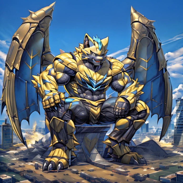 (zeraora, 8K), (zeraora's giant robot, Powered exoskeleton with the same design as zeraora), (Masterpiece, highres) (Detailed head, Detailed Body, Detailed abs, full body) (gigantic muscles, Gigachad Muscular, big muscle, pecs, triceps, traps, unusually developed muscular body, body full of huge muscles. showing off muscles, pectorales enormes, Exaggeratedly huge muscles.) (nj5furry, The claws are sharp, Sharp teeth, sharp claws), (long legs), (Spread wings, It has wings, have big wings, golden wings), (Wrestling, wrestler, the bodybuilding), (It has wings, whole body shines like metal, Wearing cyberpunk mecha, emphasizes the muscles, suit fully made of metal, intricate armor, Robotic suit, suit fully made of metal, cyborg), menacing pose, sitting on the throne, An arrogant expression. destroying city. BULK UP.