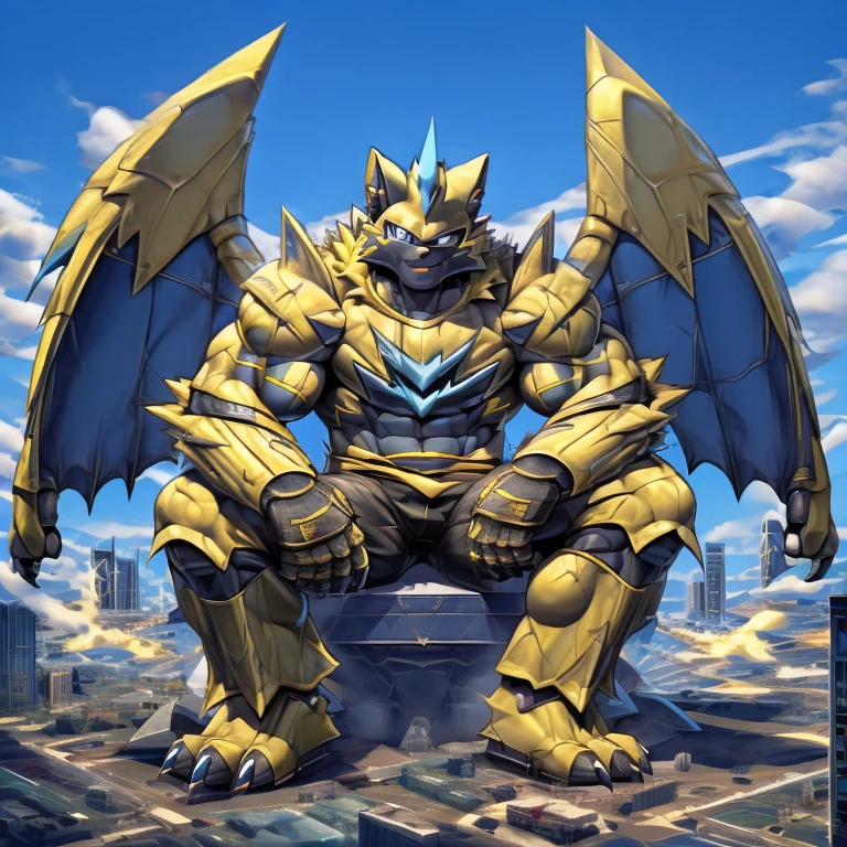 (zeraora, 8K), (zeraora's giant robot, Powered exoskeleton with the same design as zeraora), (Masterpiece, highres) (Detailed head, Detailed Body, Detailed abs, full body) (gigantic muscles, Gigachad Muscular, big muscle, pecs, triceps, traps, unusually developed muscular body, body full of huge muscles. showing off muscles, pectorales enormes, Exaggeratedly huge muscles.) (nj5furry, The claws are sharp, Sharp teeth, sharp claws), (long legs), (Spread wings, It has wings, have big wings, golden wings), (Wrestling, wrestler, the bodybuilding), (It has wings, whole body shines like metal, Wearing cyberpunk mecha, emphasizes the muscles, suit fully made of metal, intricate armor, Robotic suit, suit fully made of metal, cyborg), menacing pose, sitting on the throne, An arrogant expression. destroying city. BULK UP.