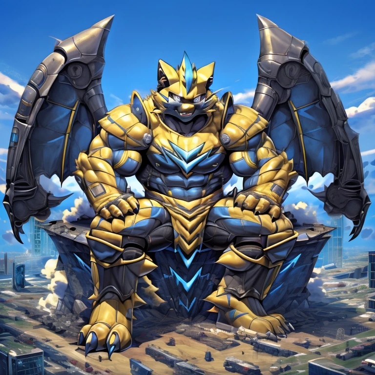 (zeraora, 8K), (zeraora's giant robot, Powered exoskeleton with the same design as zeraora), (Masterpiece, highres) (Detailed head, Detailed Body, Detailed abs, full body) (gigantic muscles, Gigachad Muscular, big muscle, pecs, triceps, traps, unusually developed muscular body, body full of huge muscles. showing off muscles, pectorales enormes, Exaggeratedly huge muscles.) (nj5furry, The claws are sharp, Sharp teeth, sharp claws), (long legs), (Spread wings, It has wings, have big wings, golden wings), (Wrestling, wrestler, the bodybuilding), (It has wings, whole body shines like metal, Wearing cyberpunk mecha, emphasizes the muscles, suit fully made of metal, intricate armor, Robotic suit, suit fully made of metal, cyborg), menacing pose, sitting on the throne, An arrogant expression. destroying city. BULK UP.