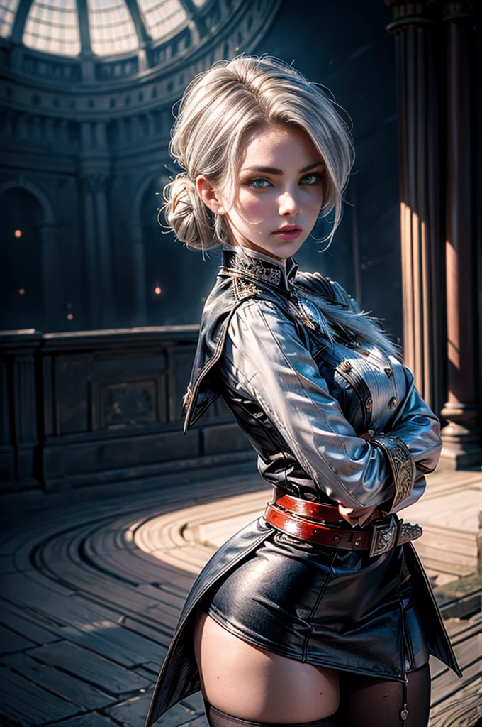 masterpiece,best quality, masterpiece, high detail,detailed face,detailed eyes,rendered eyes,perfect eyes,hip lines,crisp image,detailed,amazing,8k,8k wallpaper,8k background,high detailed skin,high res, (((cowboy shot))), solo, 1girl,looking at viewer,WillowSchnee, white hair tied up in a bun, low on the right side of the back of her head, while her bangs are shaped around the left side of her face and a small, curled lock of hair reaching almost to her shoulders. her attire consists of a black dress, white cravat secured by a silver brooch set with a red stone,  a wide belt around her waist,  black tights and red shoes. serious expression, standing in palace garden, hedge maze, crowd, (crowd in military dress), (volumetric lighting), sharp focus, hyper detailed 