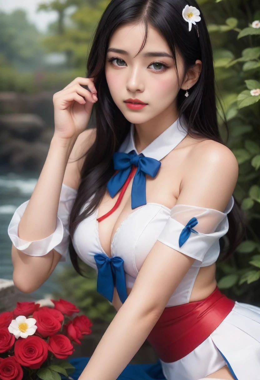 ((masterpiece,high resolution,best quality,8K))
(Tears of satin)(1 female,Black long hair,breast,Slim,Flower hairpins)
(White sailor suit,Red tie,Blue Skirt)Spread your legs,Aheiyan,（（upside down，Supine））,Wet water drops