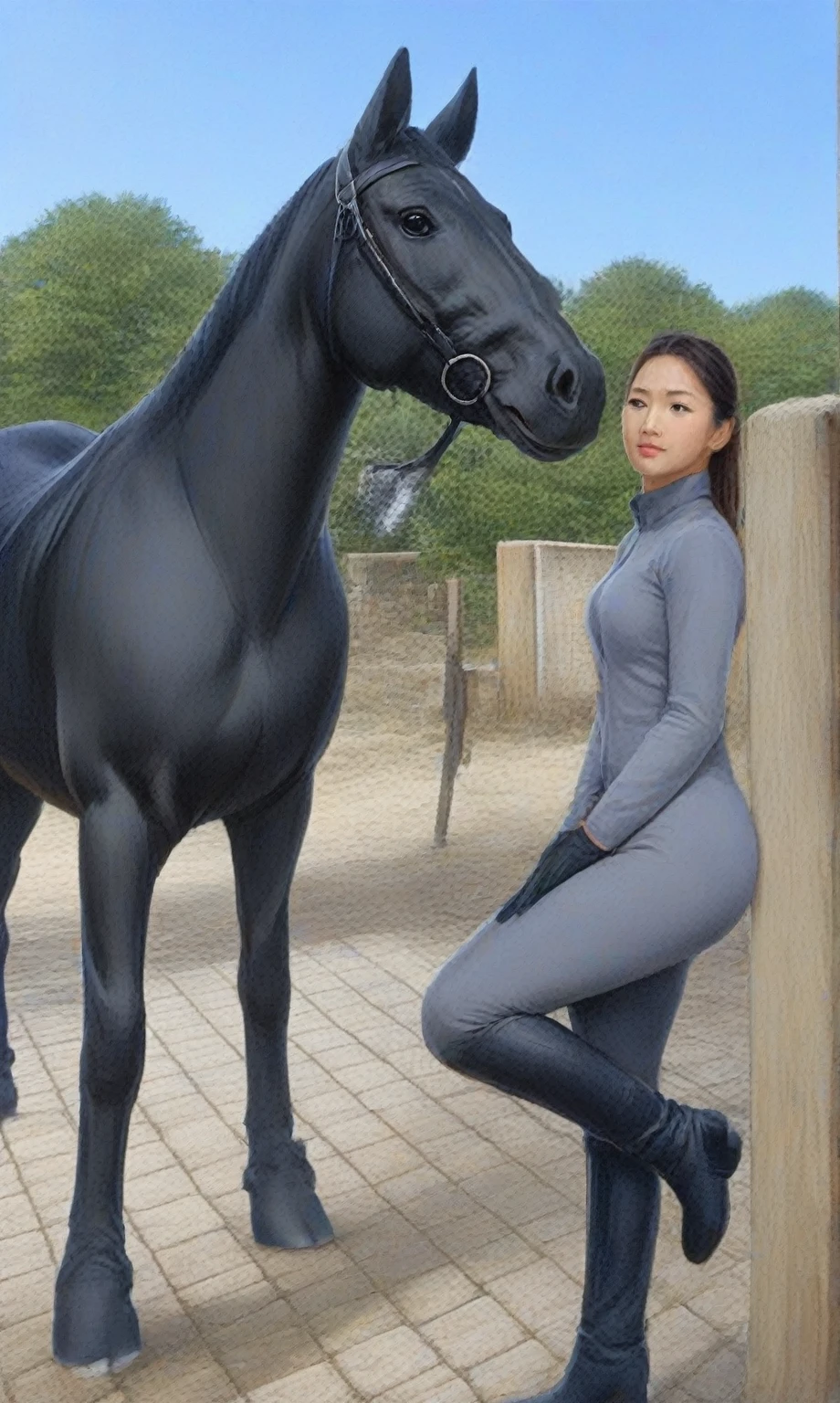 キリンがsaddleのついた馬の隣にあるベンチに座っている, 👰 🏇 ❌ 🍃, On Horseback, Tight clothing, Wearing a tight suit, The background is like heaven, Tight clothing, ride a horse, A wonderful masterpiece, pose like a statue, Hall々Take a pose, Pay special attention to the pose, saddle, Spandex Suit, horse riding, with horse driven