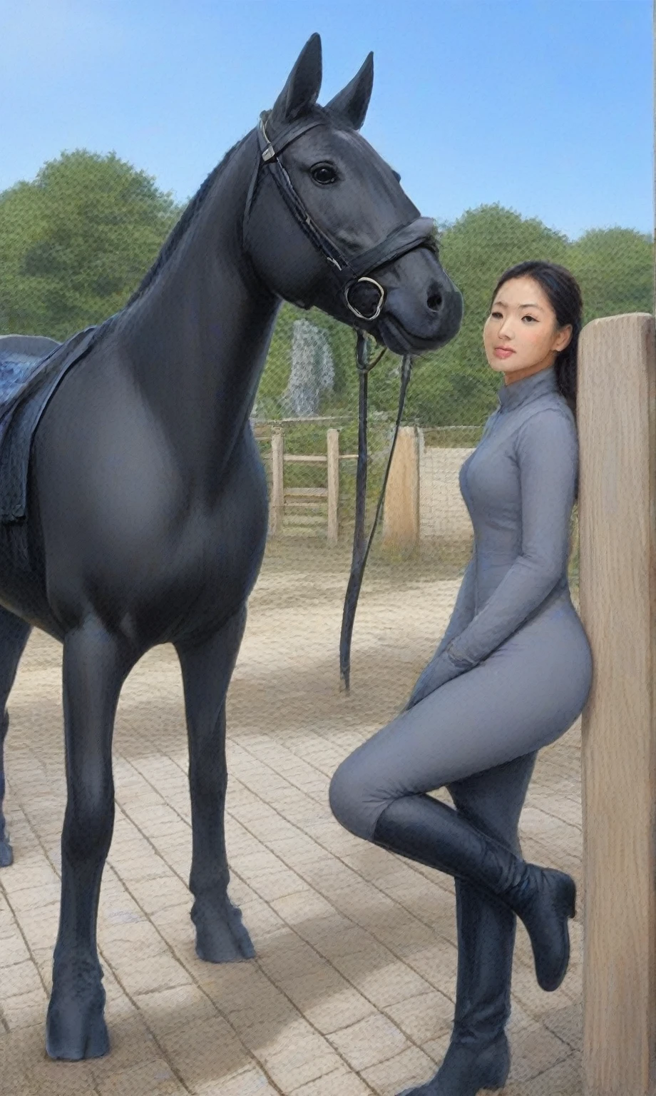 キリンがsaddleのついた馬の隣にあるベンチに座っている, 👰 🏇 ❌ 🍃, On Horseback, Tight clothing, Wearing a tight suit, The background is like heaven, Tight clothing, ride a horse, A wonderful masterpiece, pose like a statue, Hall々Take a pose, Pay special attention to the pose, saddle, Spandex Suit, horse riding, with horse driven