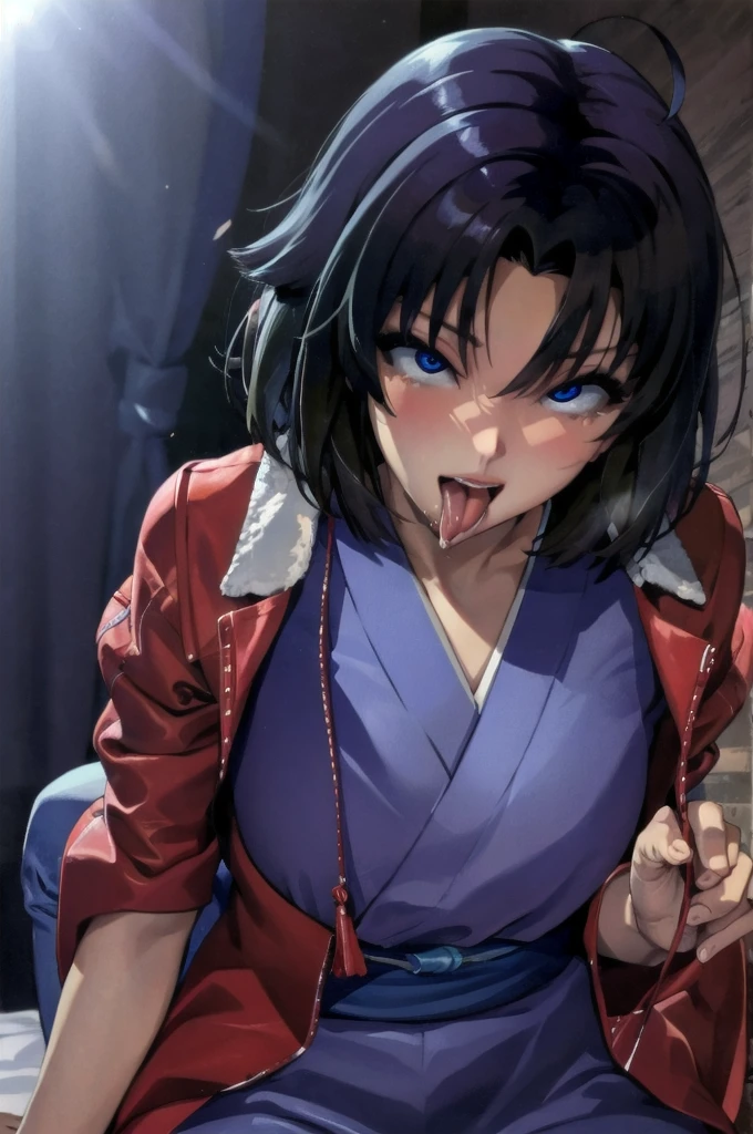 (masterpiece, best quality, ultra-detailed), 1 girl_solo, hmshiki, short hair, ahoge, red jacket, blue eyes, blue kimono, open clothes, fur trim, (ahegao), (rolling eyes), deepthroat, deepthroat face, blush, open mouth, tongue out, saliva, night club, Top-down Bottom-up, looking at viewer, 