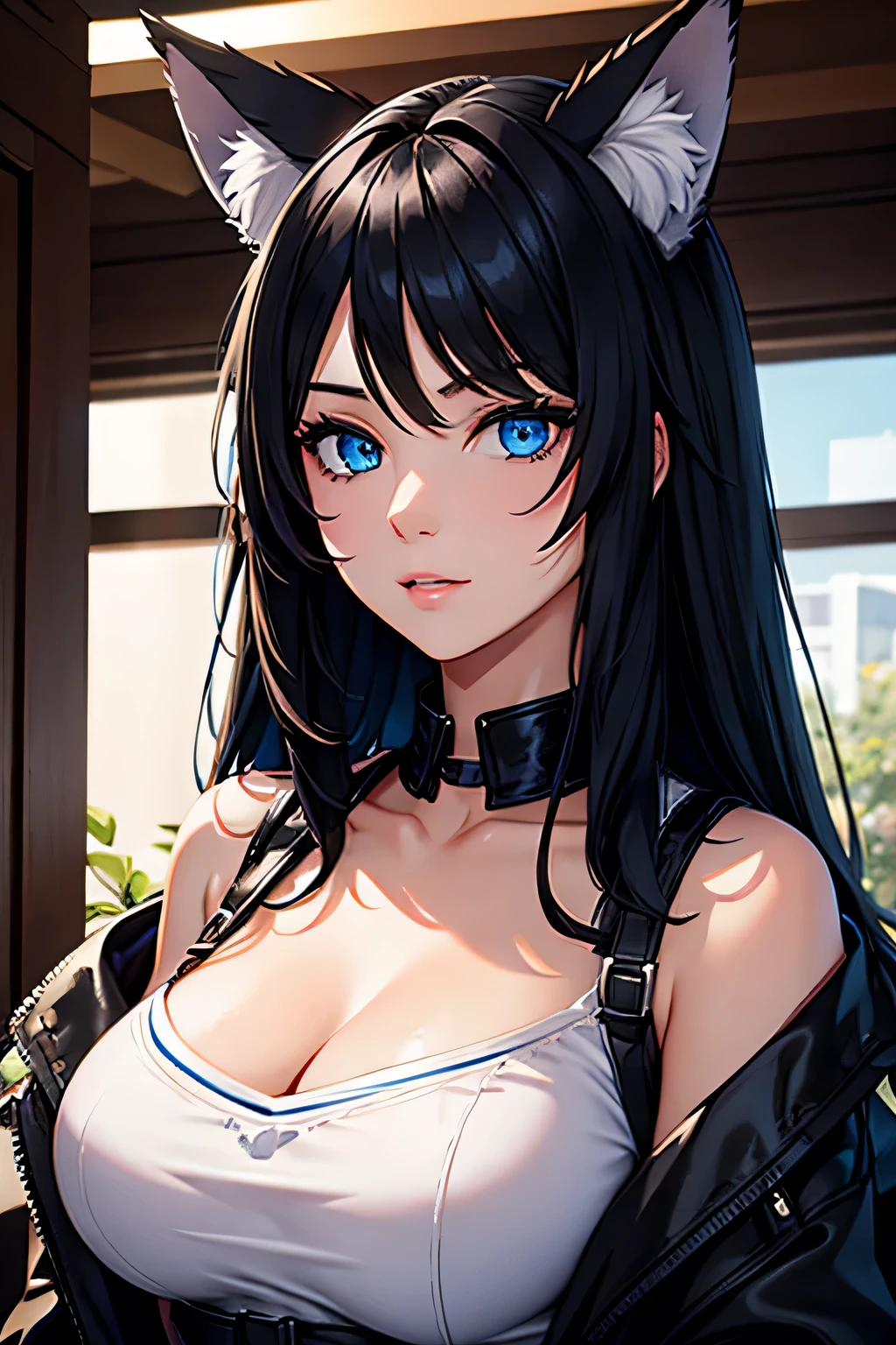 A girl with black hair and blue eyes