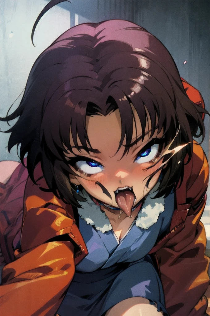 (masterpiece, best quality, ultra-detailed), 1 girl_solo, hmshiki, short hair, ahoge, red jacket, blue eyes, blue kimono, open clothes, fur trim, (ahegao), (rolling eyes), deepthroat, deepthroat face, blush, open mouth, tongue out, saliva, night club, Top-down Bottom-up, looking at viewer, 