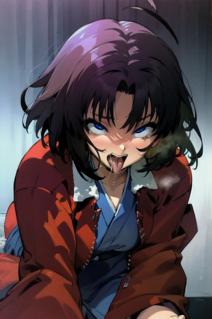 (masterpiece, best quality, ultra-detailed), 1 girl_solo, hmshiki, short hair, ahoge, red jacket, blue eyes, blue kimono, open clothes, fur trim, (ahegao), (rolling eyes), deepthroat, deepthroat face, blush, open mouth, tongue out, saliva, night club, Top-down Bottom-up, looking at viewer, 