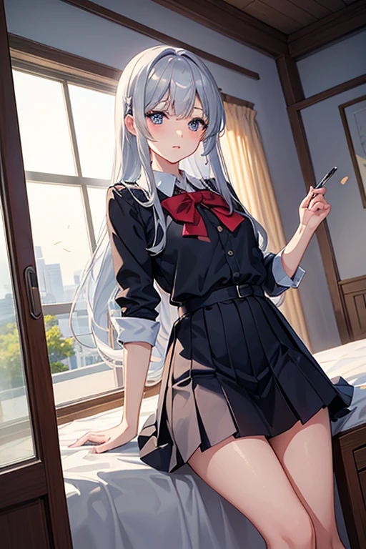 (masterpiece:1.2, top-quality), beautiful illustration, NSFW, looking at viewer, cowboy shot, front view:0.6, 1 girl, japanese, high school girl, perfect face, cute and symmetrical face, shiny skin, (long hair:1.8, straight hair:1.7, silver hair), asymmetrical bangs, (large breasts:1.1, thick thigheautiful hair, beautiful face, beautiful detailed eyes, beautiful clavicle, beautiful body, beautiful chest, beautiful thigh, beautiful legs, beautiful fingers, ((school uniform, pleaded skirt, white panties, white thighhighs, visible panties, skirt lift, lifting skirt)), pink panties, beautiful scenery), ((vibrator in thighhighs, thighvibe)), (choker, flower hair ornament), (((bedroom)))