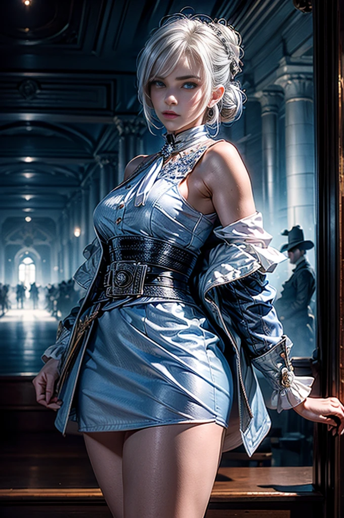 masterpiece,best quality, masterpiece, high detail,detailed face,detailed eyes,rendered eyes,perfect eyes,hip lines,crisp image,detailed,amazing,8k,8k wallpaper,8k background,high detailed skin,high res, (((cowboy shot))), solo, 1girl,looking at viewer,WillowSchnee, white hair tied up in a bun, low on the right side of the back of her head, while her bangs are shaped around the left side of her face and a small, curled lock of hair reaching almost to her shoulders. her attire consists of a blue dress, white cravat secured by a silver brooch set with a red stone,  a wide belt around her waist,  black tights and red shoes. serious expression, standing in palace garden, hedge maze, crowd, (crowd in military dress), (volumetric lighting), sharp focus, hyper detailed 