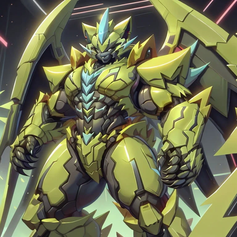 (ZERAORA, 8K), (Zeraora's giant robot, Powered exoskeleton with the same design as Zeraora), (Masterpiece, highres) (Detailed head, Detailed Body, Detailed abs, full body) (gigantic muscles, Gigachad Muscular, big muscle, pecs, triceps, traps, unusually developed muscular body, body full of huge muscles. showing off muscles, pectorales enormes, Exaggeratedly huge muscles.) (nj5furry, The claws are sharp, Sharp teeth, sharp claws), (long legs), (Spread wings, It has wings, have big wings, golden wings), (It has wings, whole body shines like metal, Wearing cyberpunk mecha, emphasizes the muscles, suit fully made of metal, intricate armor, Robotic suit, suit fully made of metal, cyborg), menacing pose, no face.