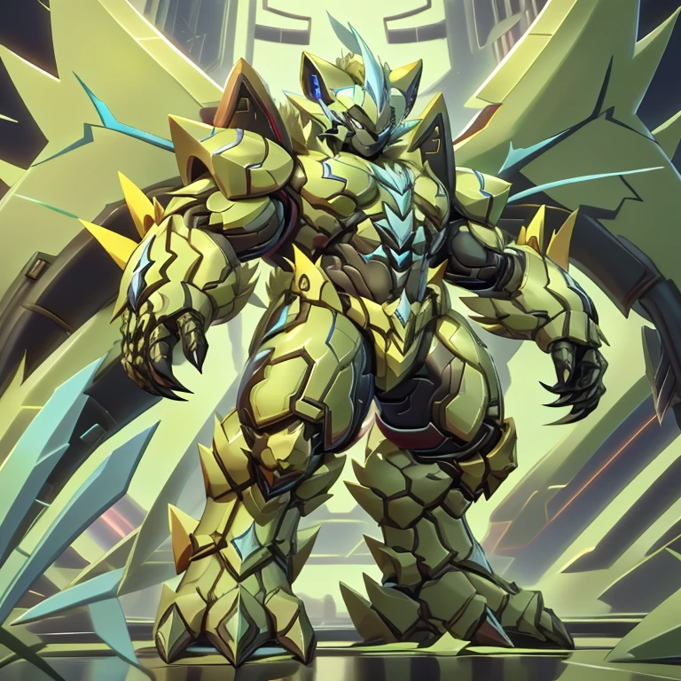 (ZERAORA, 8K), (Zeraora's giant robot, Powered exoskeleton with the same design as Zeraora), (Masterpiece, highres) (Detailed head, Detailed Body, Detailed abs, full body) (gigantic muscles, Gigachad Muscular, big muscle, pecs, triceps, traps, unusually developed muscular body, body full of huge muscles. showing off muscles, pectorales enormes, Exaggeratedly huge muscles.) (nj5furry, The claws are sharp, Sharp teeth, sharp claws), (long legs), (Spread wings, It has wings, have big wings, golden wings), (It has wings, whole body shines like metal, Wearing cyberpunk mecha, emphasizes the muscles, suit fully made of metal, intricate armor, Robotic suit, suit fully made of metal, cyborg), menacing pose, no face.