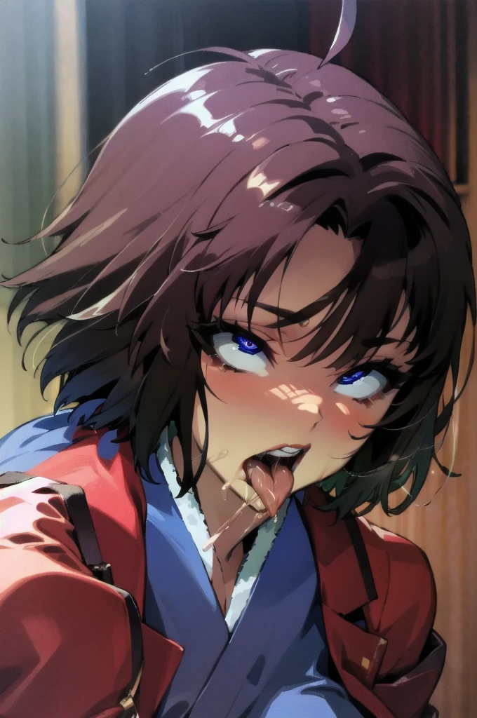 (masterpiece, best quality, ultra-detailed), 1 girl_solo, hmshiki, short hair, ahoge, red jacket, blue eyes, blue kimono, open clothes, fur trim, (ahegao), (rolling eyes), deepthroat, deepthroat face, blush, open mouth, tongue out, saliva, night club, Top-down Bottom-up, looking at viewer, 