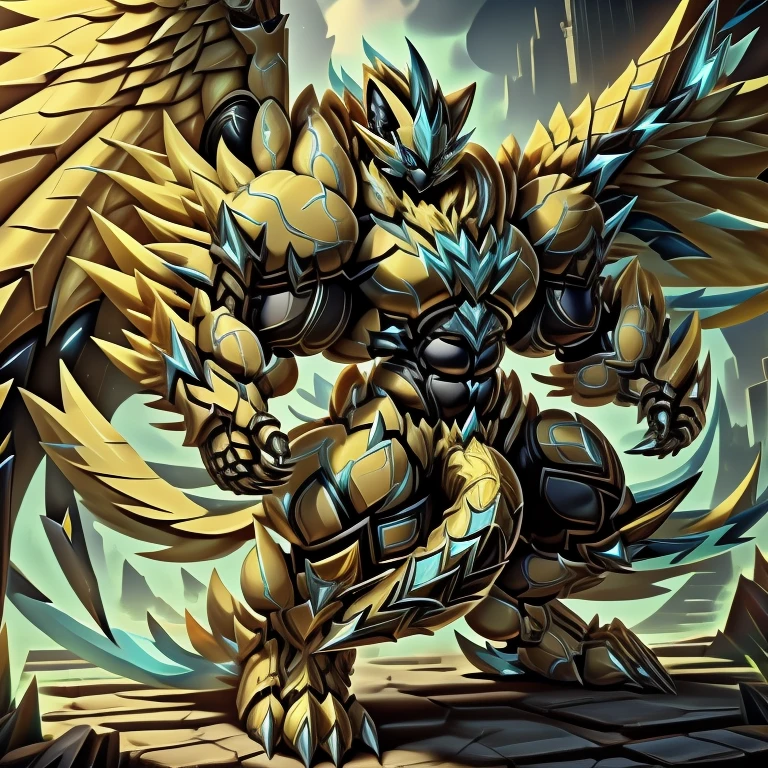 (masterpiece, best quality, detailed:1.2) (Pokémon) LUCARIO, detailed full body, a knight's mechanical armor, glowing wide and heavy armor, wears full body armor. massive muscles, huge pecs, chiseled abs, huge pectorals, exaggeratedly huge muscles. wearing a cloak. unusually developed muscular body big muscle, pecs, triceps, traps, waist narrow, unusually developed muscular body, Spread wings, It has wings. have big wings.