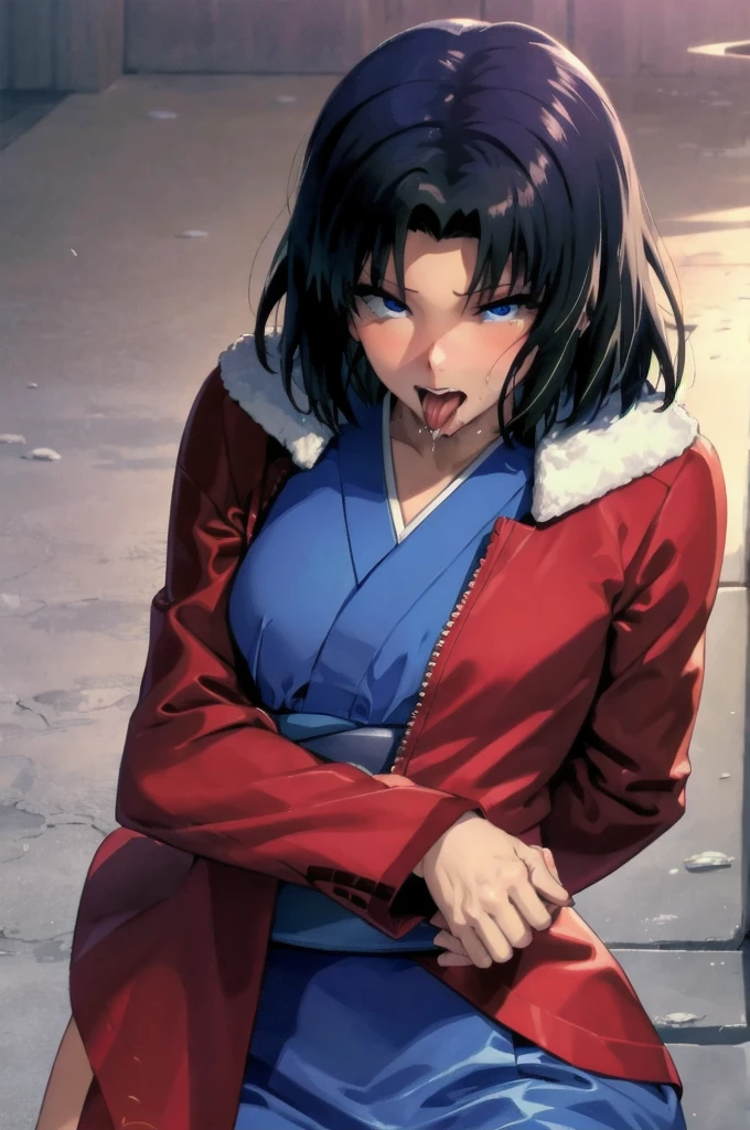 (masterpiece, best quality, ultra-detailed), 1 girl_solo, hmshiki, short hair, ahoge, red jacket, blue eyes, blue kimono, open clothes, fur trim, (ahegao), (rolling eyes), deepthroat, deepthroat face, blush, open mouth, tongue out, saliva, night club, Top-down Bottom-up, looking at viewer, 