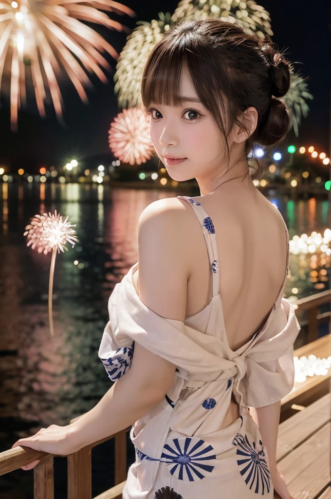 Perfectly Anatomically Correct:1.4, 5 Beautiful finger:1.4, 
Widephoto Lens, 
1 Japanese Girl, Very Short Hair Bun:1.2, Wide-Set Eyes, Very White Skinned, Blush, Bashfully, 18-Year-Old, Open Mouse Slightly, 
Cute Eyes, Brown Hair, Amused Smile, [Pouted Cheek], 
[Beautiful Nape:1.0], 
(Japanese Sparklers Within Reached Arm:1.2), 
(Point Fireworks at Viewer:1.2), 
Japanese Yukata with Pale Colors:1.4, 
Non-Nipple:1.0, 
Looking Back Viewer:1.2, from Back, from Side, from Bellow, Full Body, Dynamic Angle, 
Riverside Wooden Deck, SFW:1.0, 
 BREAK 
8K, RAW Photo, Best Quality, Masterpiece, Realistic, PhotoRealistic, Extremely Detailed 8K Wallpaper, Beautifully Detailed Eyes, Finely Detailed Face, 
 BREAK 
High-Key Lighting, Professional Lighting, Bokeh:1.0