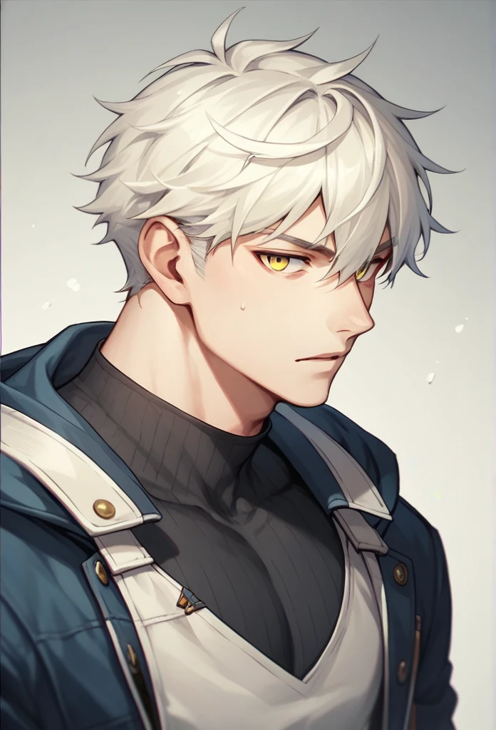 anime boy with light blonde hair in a wolf cut with blue eyes pale skin and a black sleeveless turtleneck with gray cargo pants. His hair is in a wolf cut he has beauty marks and has star earrings and a scar on his lip.