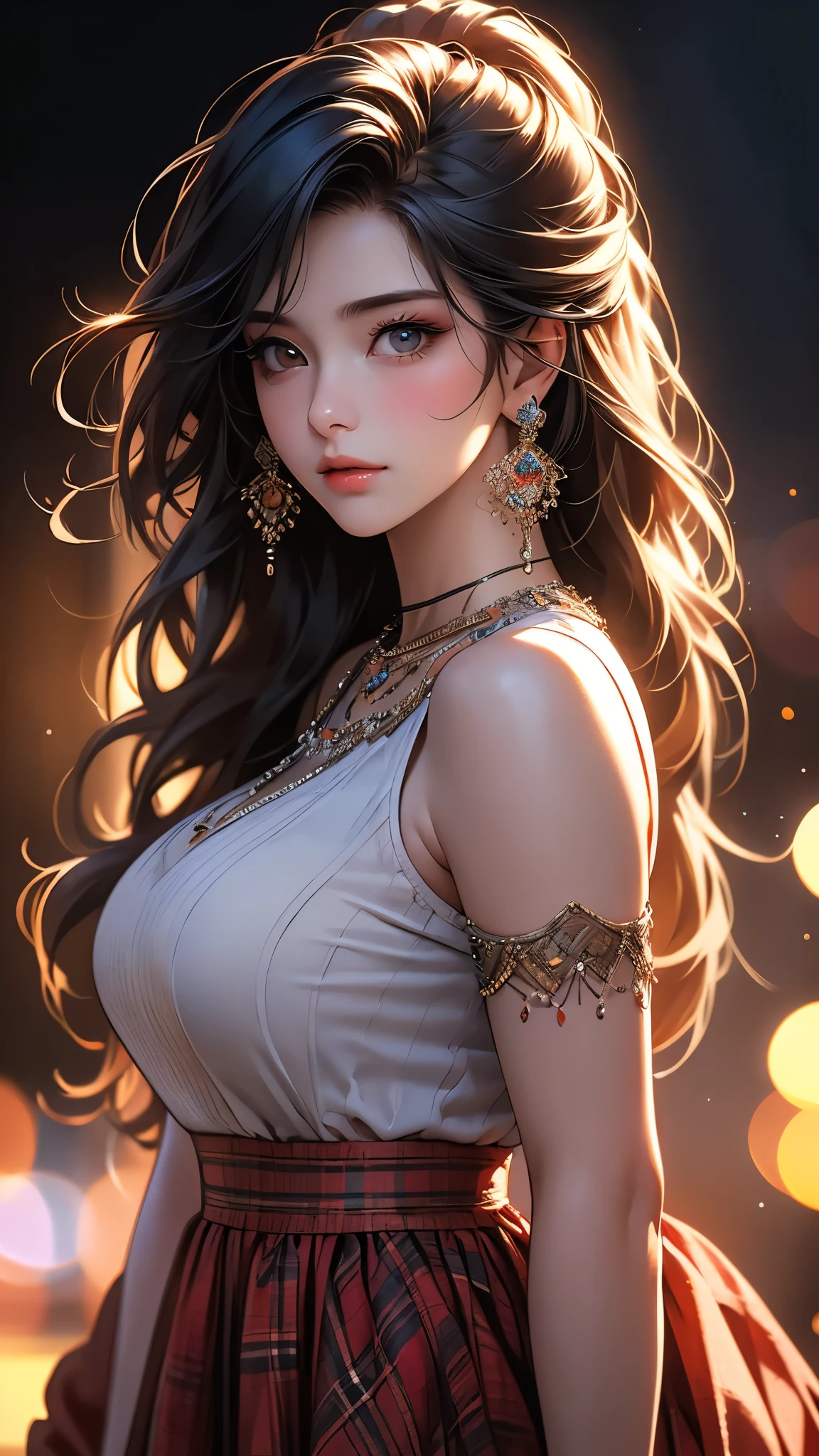 Craft a hyper realistic vertical photo of Indian most attractive serious woman in her 30 years, trending on attestation, portrait, digital art, modern, sleek, highly detailed, big breasts,determined, charming , innocent,colorized, smooth, charming, pretty, soft smile, soft lips, black eyes, Trendsetter brown long hair, sonam bajwa, girl, no bra, perfect breasts, thick ponytail hair, long ponytail, thin white Indian sari can see skin inside , full body view.