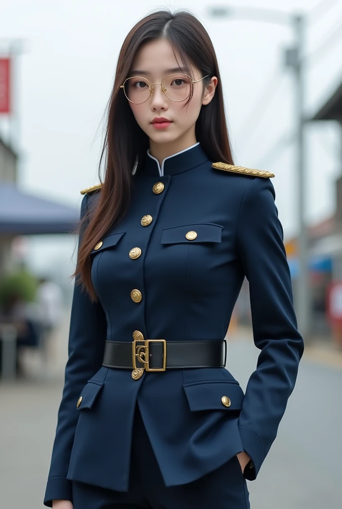 (Hyper-realistic) , (illustratio), (Increase the resolution),(8K), (Most Best Illustration),(extremely detaile), (美丽细致的眼睛),(Ultra-detail of the face), (详细的脸), 独奏,1个Giant Breast Girl, looking at viewert, in the darkness nigth, deep shading, ssmile,cabelos preto e longos,(((U.S. Marine Corps officer uniform:1.8,epaulette))),A half body
