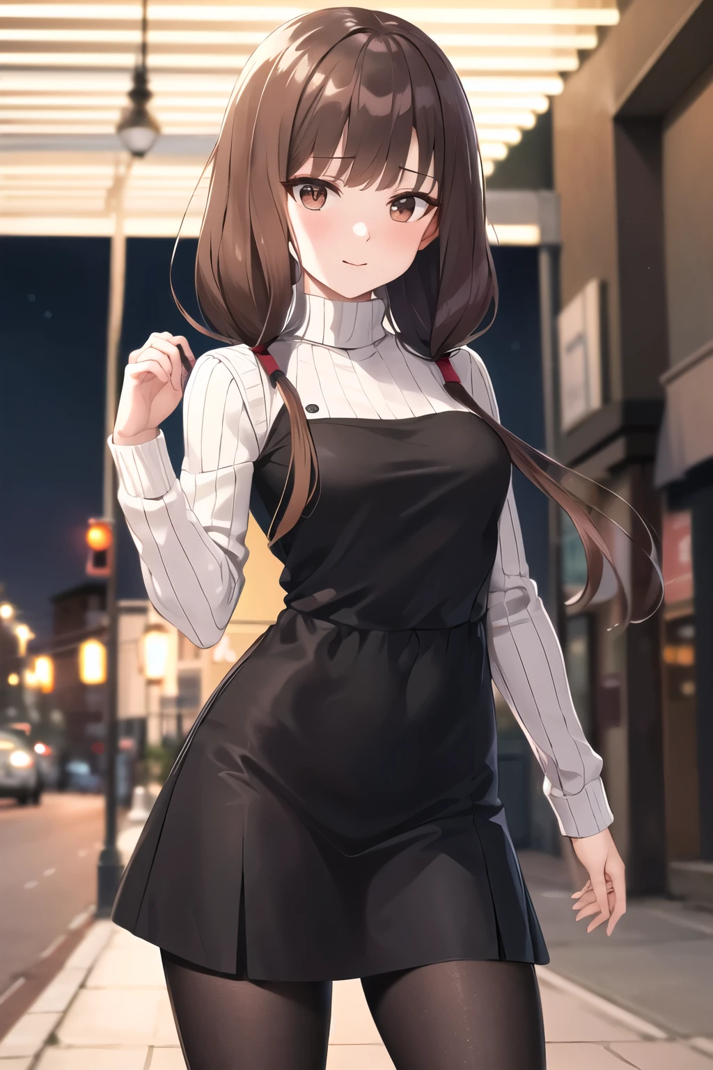 masterpiece, best quality, highres, aamiko, long hair, low twintails, blunt bangs, sweater dress, ribbed sweater, turtleneck, sleeveless, pantyhose, night, street, standing, cowboy shot