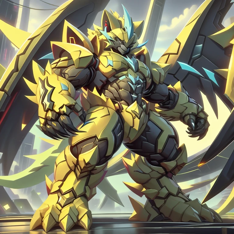 (ZERAORA, 8K), (Zeraora's giant robot, Powered exoskeleton with the same design as Zeraora), (Masterpiece, highres) (Detailed head, Detailed Body, Detailed abs, full body) (gigantic muscles, Gigachad Muscular, big muscle, pecs, triceps, traps, unusually developed muscular body, body full of huge muscles. showing off muscles, pectorales enormes, Exaggeratedly huge muscles.) (nj5furry, The claws are sharp, Sharp teeth, sharp claws), (long legs), (Spread wings, It has wings, have big wings, golden wings), (It has wings, whole body shines like metal, Wearing cyberpunk mecha, emphasizes the muscles, suit fully made of metal, intricate armor, Robotic suit, suit fully made of metal, cyborg), (gold color hyper penis, hyper gold penis), menacing pose, no face.