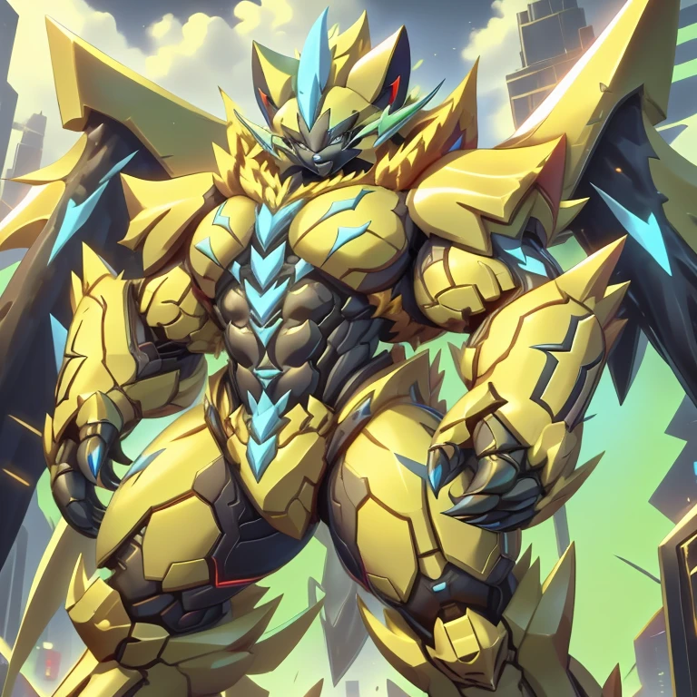 (ZERAORA, 8K), (Zeraora's giant robot, Powered exoskeleton with the same design as Zeraora), (Masterpiece, highres) (Detailed head, Detailed Body, Detailed abs, full body) (gigantic muscles, Gigachad Muscular, big muscle, pecs, triceps, traps, unusually developed muscular body, body full of huge muscles. showing off muscles, pectorales enormes, Exaggeratedly huge muscles.) (nj5furry, The claws are sharp, Sharp teeth, sharp claws), (long legs), (Spread wings, It has wings, have big wings, golden wings), (It has wings, whole body shines like metal, Wearing cyberpunk mecha, emphasizes the muscles, suit fully made of metal, intricate armor, Robotic suit, suit fully made of metal, cyborg), (gold color hyper penis, hyper gold penis), menacing pose, no face.